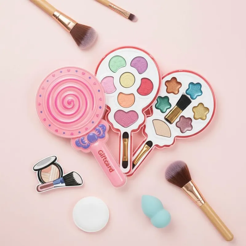 Makeup Set for Kids Girls – Lightweight Portable Pink Toy Make up Kit , Non-Toxic Plastic Set with Lipstick, Eye Shadow, Blush, Nail Polish , Kids Washable Make up Kit for Girls 3+ Years Lollipop Desi